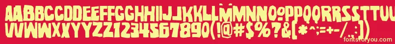 Fonte NoelGallagherWithAccentsOpentype – fontes amarelas em um fundo vermelho