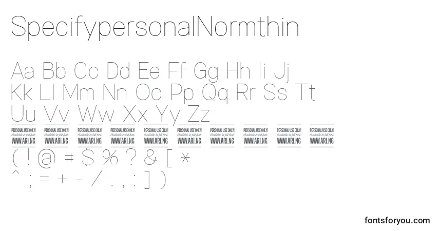 A fonte SpecifypersonalNormthin – alfabeto, números, caracteres especiais