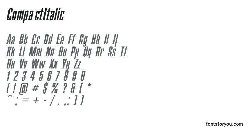 Czcionka CompactItalic – alfabet, cyfry, specjalne znaki