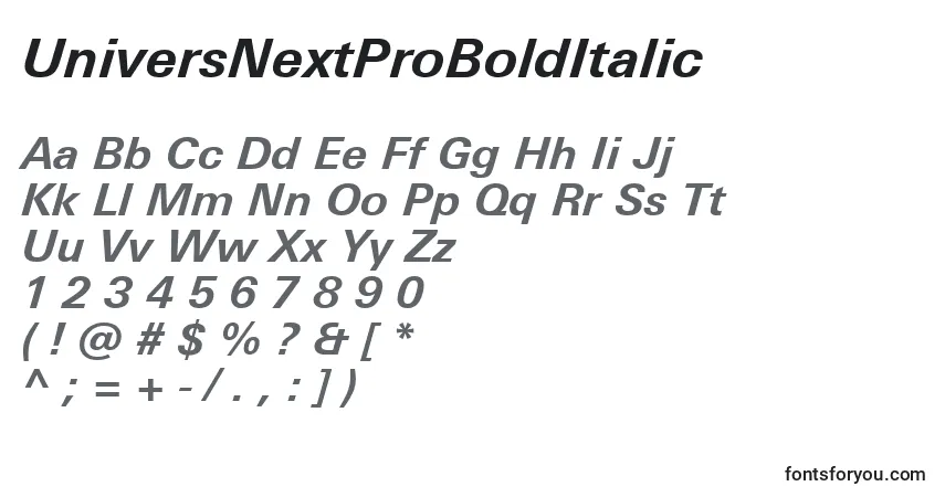 A fonte UniversNextProBoldItalic – alfabeto, números, caracteres especiais