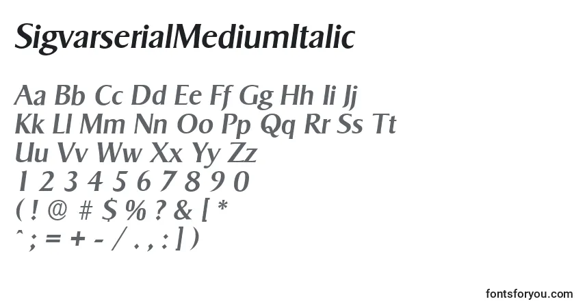 Schriftart SigvarserialMediumItalic – Alphabet, Zahlen, spezielle Symbole