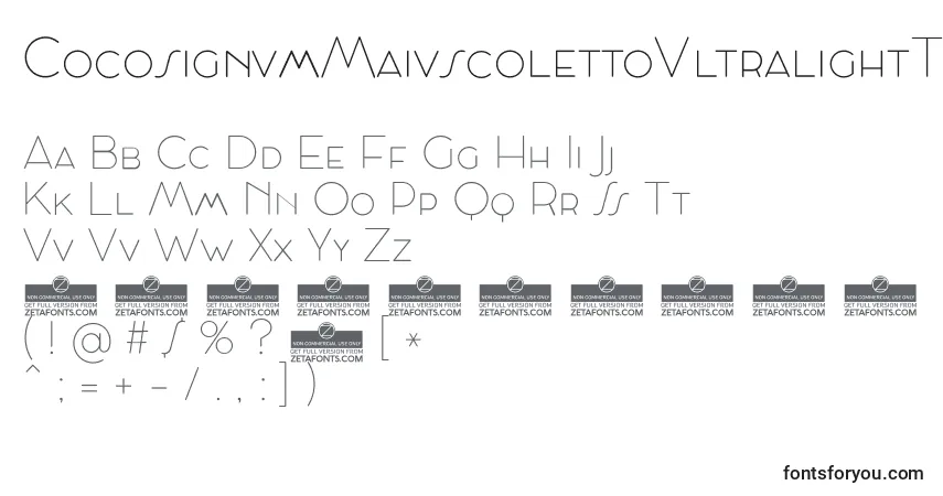 Czcionka CocosignumMaiuscolettoUltralightTrial – alfabet, cyfry, specjalne znaki