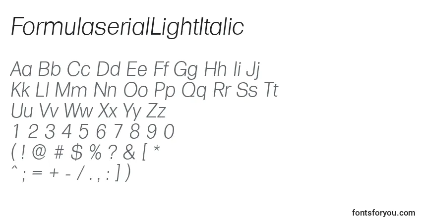 Czcionka FormulaserialLightItalic – alfabet, cyfry, specjalne znaki