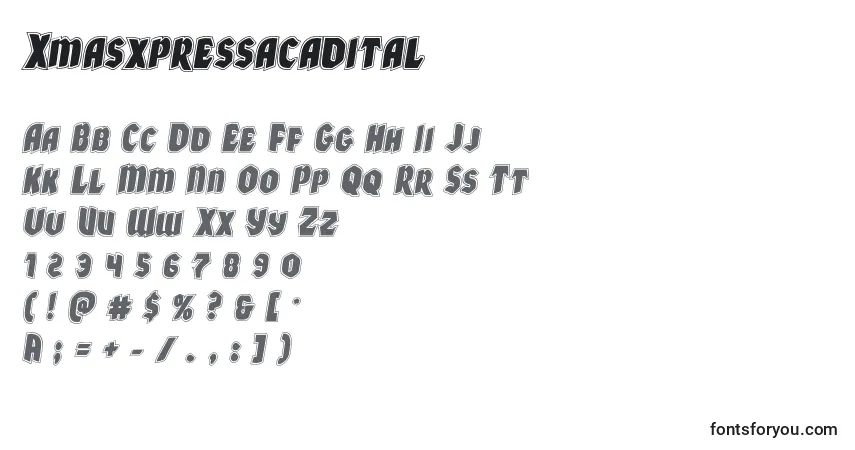 Schriftart Xmasxpressacadital – Alphabet, Zahlen, spezielle Symbole