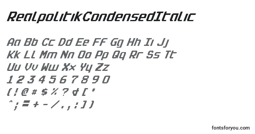Schriftart RealpolitikCondensedItalic – Alphabet, Zahlen, spezielle Symbole