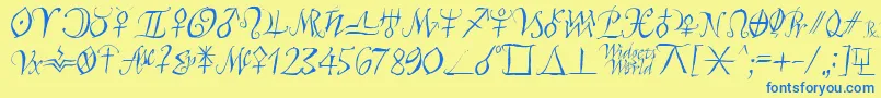 フォントAstroscript – 青い文字が黄色の背景にあります。