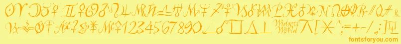 フォントAstroscript – オレンジの文字が黄色の背景にあります。