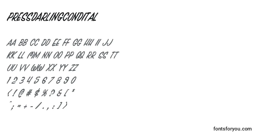 Czcionka Pressdarlingcondital – alfabet, cyfry, specjalne znaki