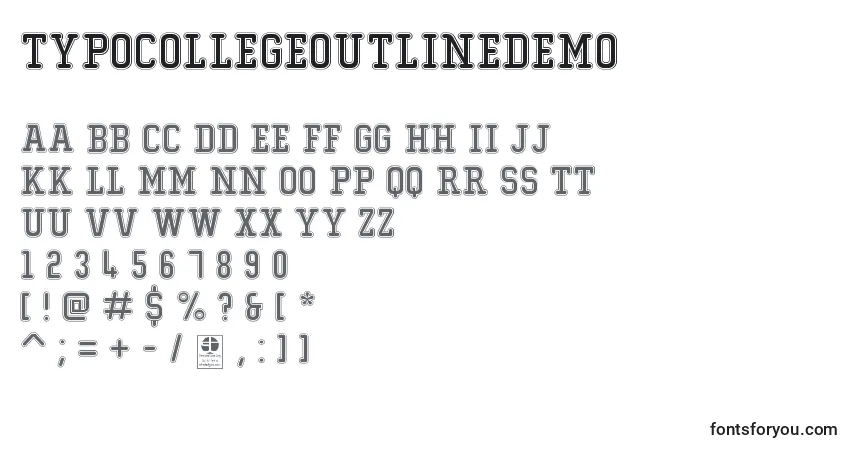 A fonte TypoCollegeOutlineDemo – alfabeto, números, caracteres especiais