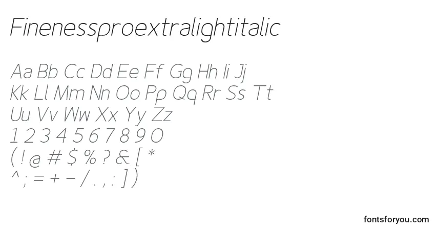A fonte Finenessproextralightitalic – alfabeto, números, caracteres especiais