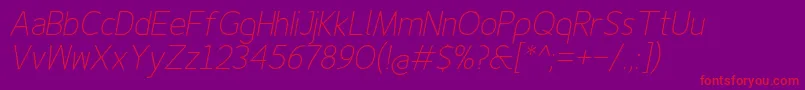 Finenessproextralightitalic-Schriftart – Rote Schriften auf violettem Hintergrund