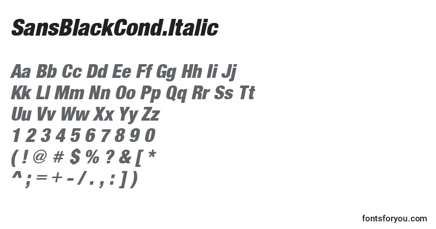 Czcionka SansBlackCond.Italic – alfabet, cyfry, specjalne znaki
