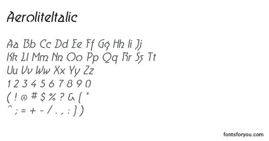 A fonte AeroliteItalic (112914) – alfabeto, números, caracteres especiais