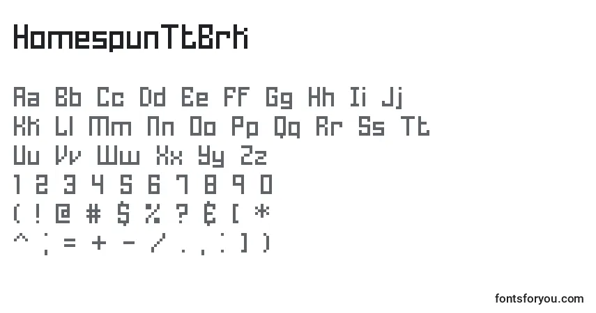 Czcionka HomespunTtBrk – alfabet, cyfry, specjalne znaki
