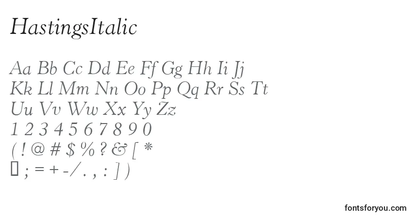 A fonte HastingsItalic – alfabeto, números, caracteres especiais