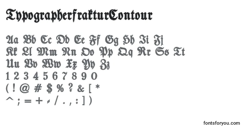 A fonte TypographerfrakturContour – alfabeto, números, caracteres especiais