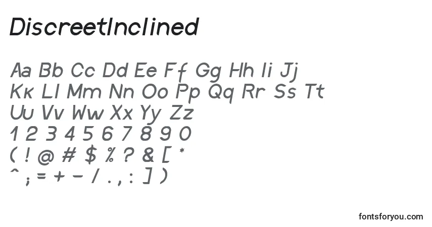 Czcionka DiscreetInclined – alfabet, cyfry, specjalne znaki