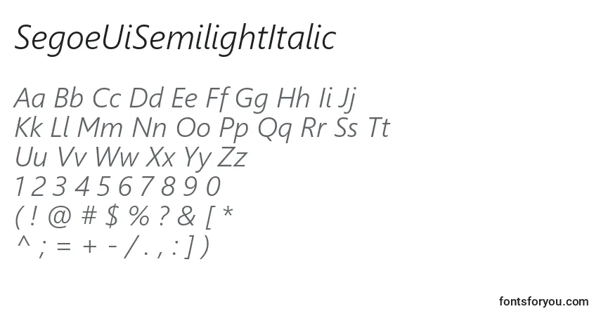 A fonte SegoeUiSemilightItalic – alfabeto, números, caracteres especiais