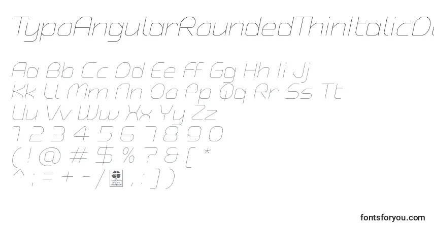 A fonte TypoAngularRoundedThinItalicDemo – alfabeto, números, caracteres especiais