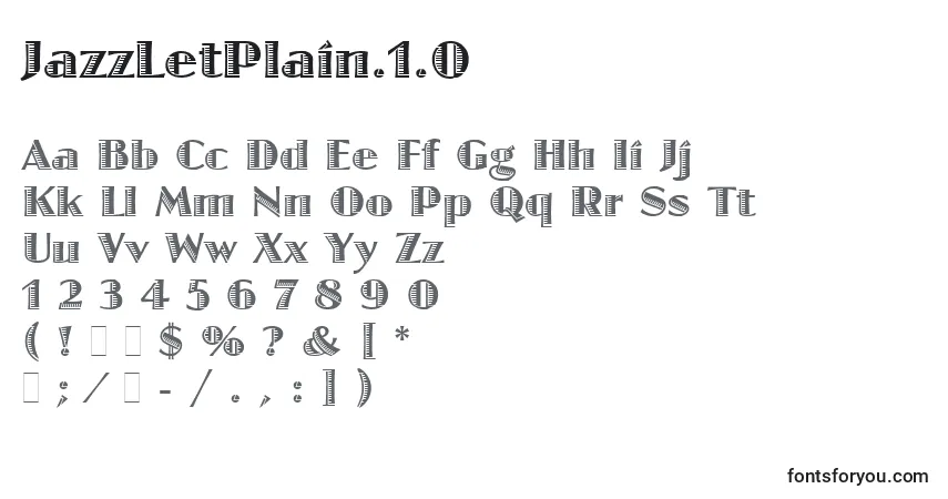 A fonte JazzLetPlain.1.0 – alfabeto, números, caracteres especiais