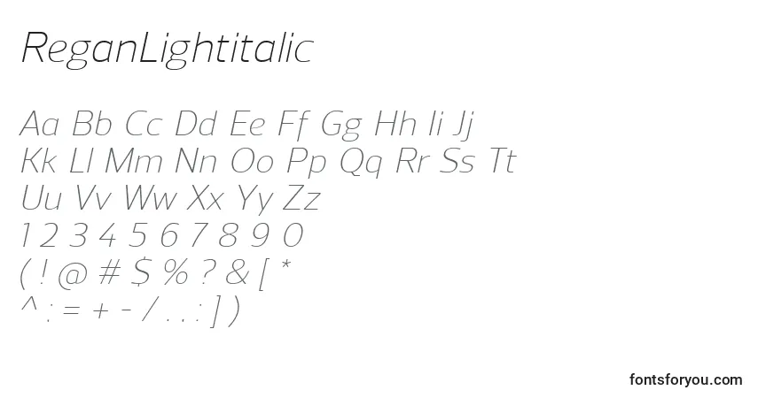 Шрифт ReganLightitalic – алфавит, цифры, специальные символы