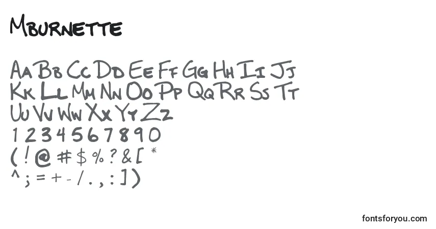 Czcionka Mburnette – alfabet, cyfry, specjalne znaki