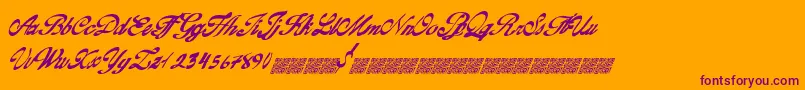 Goldfinger-Schriftart – Violette Schriften auf orangefarbenem Hintergrund