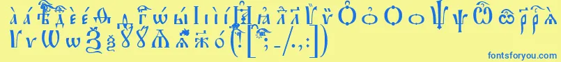 フォントIrmologionUcsSpacedout – 青い文字が黄色の背景にあります。