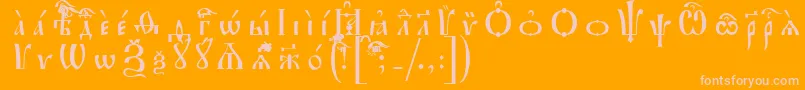 IrmologionUcsSpacedout-fontti – vaaleanpunaiset fontit oranssilla taustalla