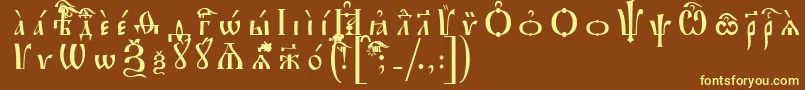 IrmologionUcsSpacedout-Schriftart – Gelbe Schriften auf braunem Hintergrund
