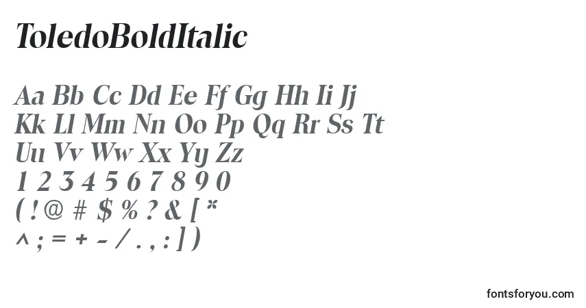 A fonte ToledoBoldItalic – alfabeto, números, caracteres especiais