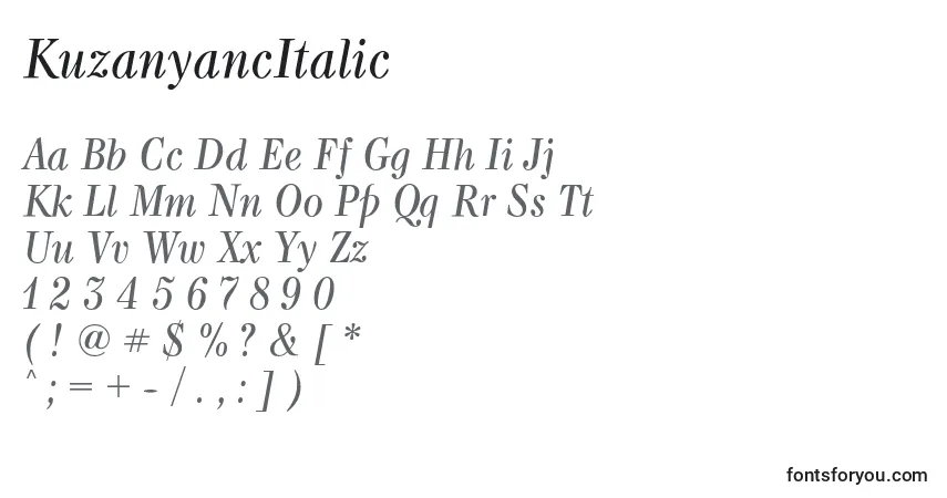 Schriftart KuzanyancItalic – Alphabet, Zahlen, spezielle Symbole