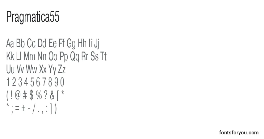 Czcionka Pragmatica55 – alfabet, cyfry, specjalne znaki