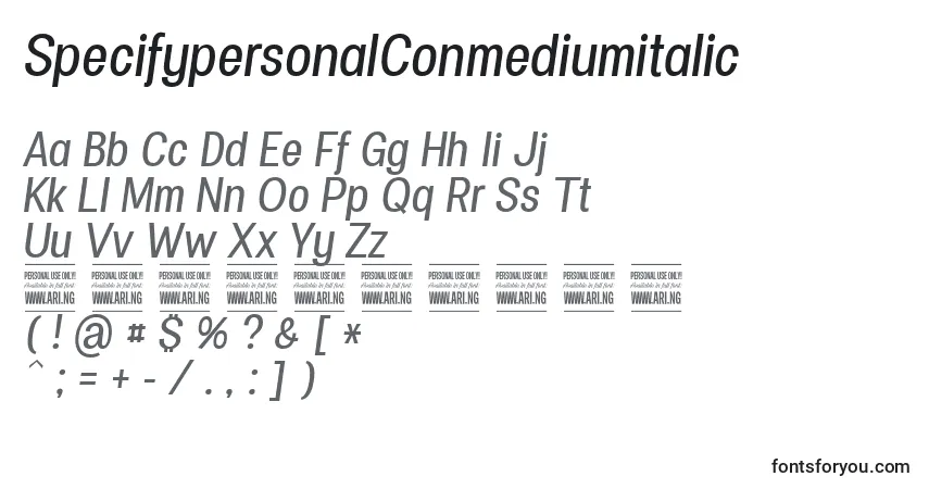 Schriftart SpecifypersonalConmediumitalic – Alphabet, Zahlen, spezielle Symbole