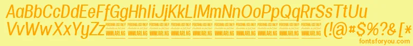 Weitere Informationen zur SpecifypersonalConmediumitalic-Schriftart SpecifypersonalConmediumitalic-Schriftart – Orangefarbene Schriften auf gelbem Hintergrund