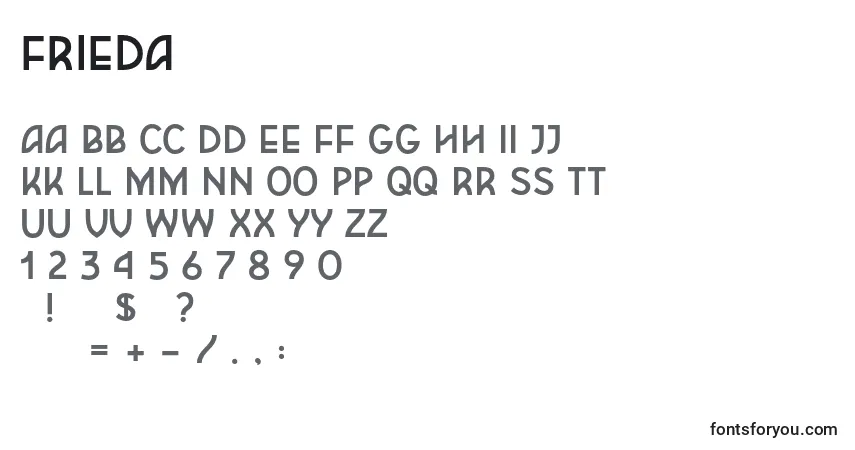 Czcionka Frieda – alfabet, cyfry, specjalne znaki