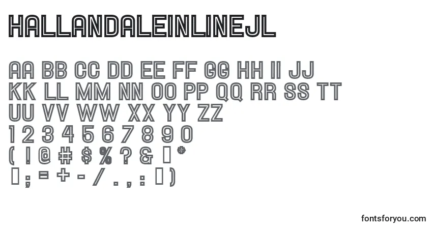 Czcionka HallandaleInlineJl – alfabet, cyfry, specjalne znaki