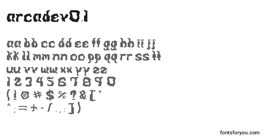 Czcionka ArcadeV0.1 – alfabet, cyfry, specjalne znaki
