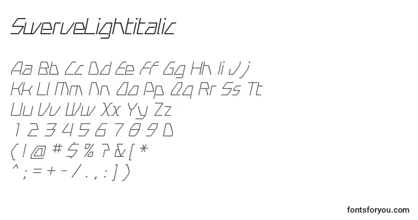 A fonte SwerveLightitalic – alfabeto, números, caracteres especiais