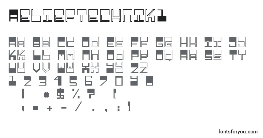 Czcionka Relieftechnik1 – alfabet, cyfry, specjalne znaki