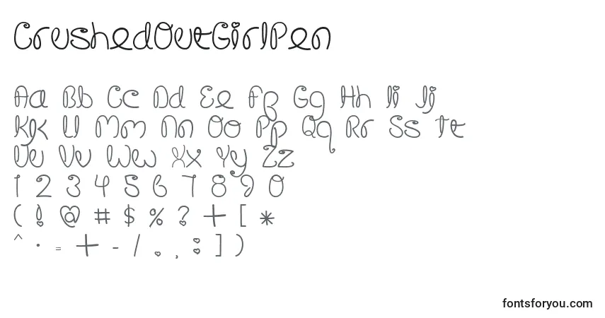 Czcionka CrushedOutGirlPen – alfabet, cyfry, specjalne znaki