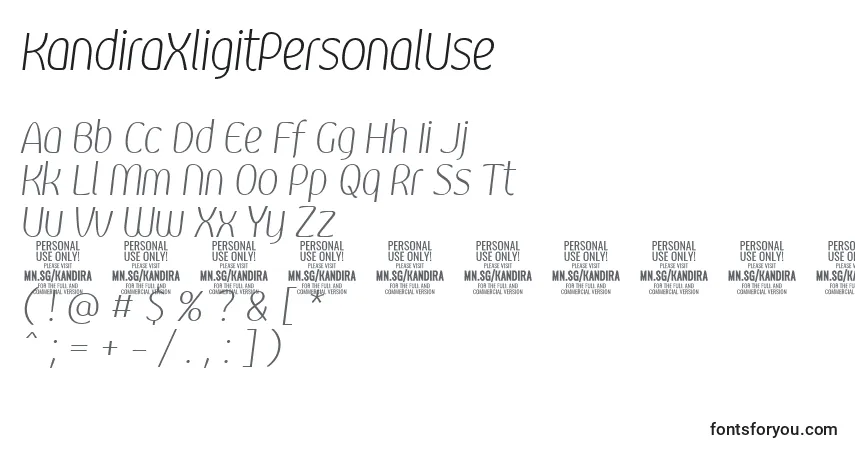 Czcionka KandiraXligitPersonalUse – alfabet, cyfry, specjalne znaki