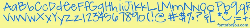 DjbHowCuteAmI-Schriftart – Blaue Schriften auf gelbem Hintergrund