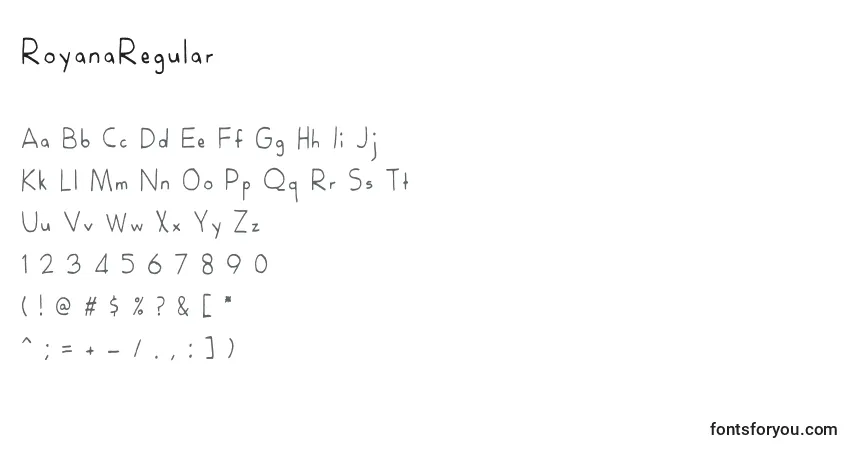 A fonte RoyanaRegular – alfabeto, números, caracteres especiais