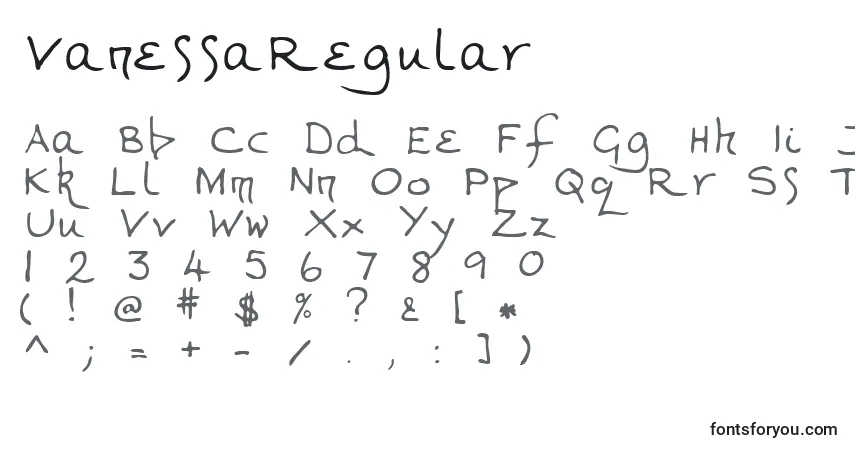 Czcionka VanessaRegular – alfabet, cyfry, specjalne znaki