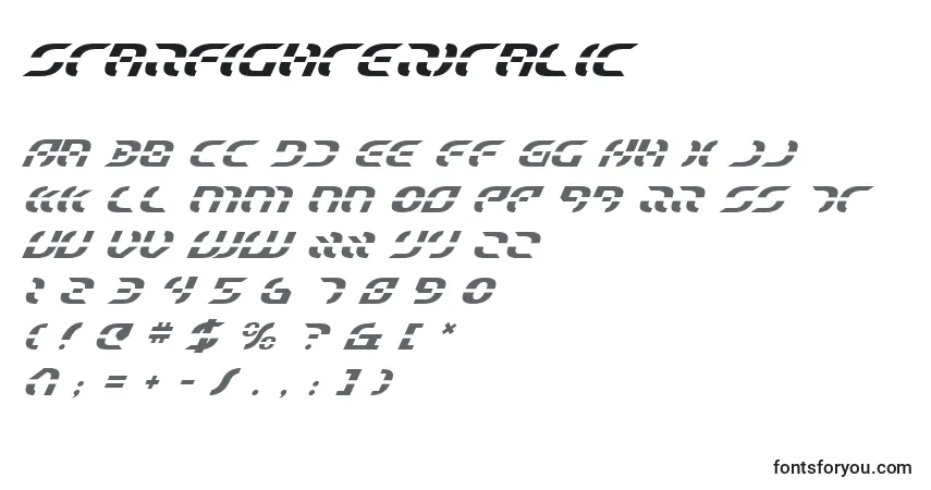 Шрифт StarfighterItalic – алфавит, цифры, специальные символы