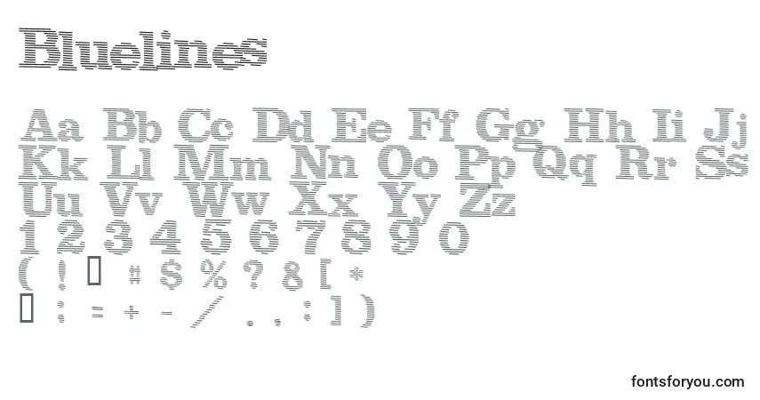 Schriftart Bluelines – Alphabet, Zahlen, spezielle Symbole