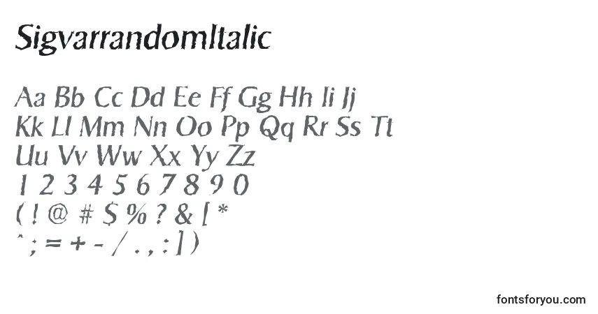 Schriftart SigvarrandomItalic – Alphabet, Zahlen, spezielle Symbole