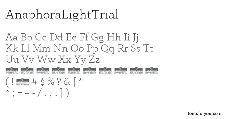 Czcionka AnaphoraLightTrial – alfabet, cyfry, specjalne znaki