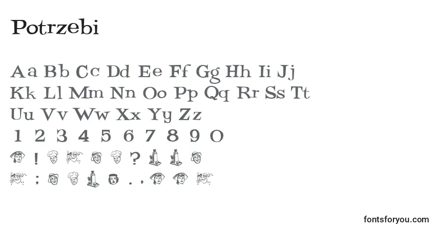 Czcionka Potrzebi – alfabet, cyfry, specjalne znaki